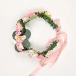 Pink Floral Crown with Ribbon Tie - Image 2