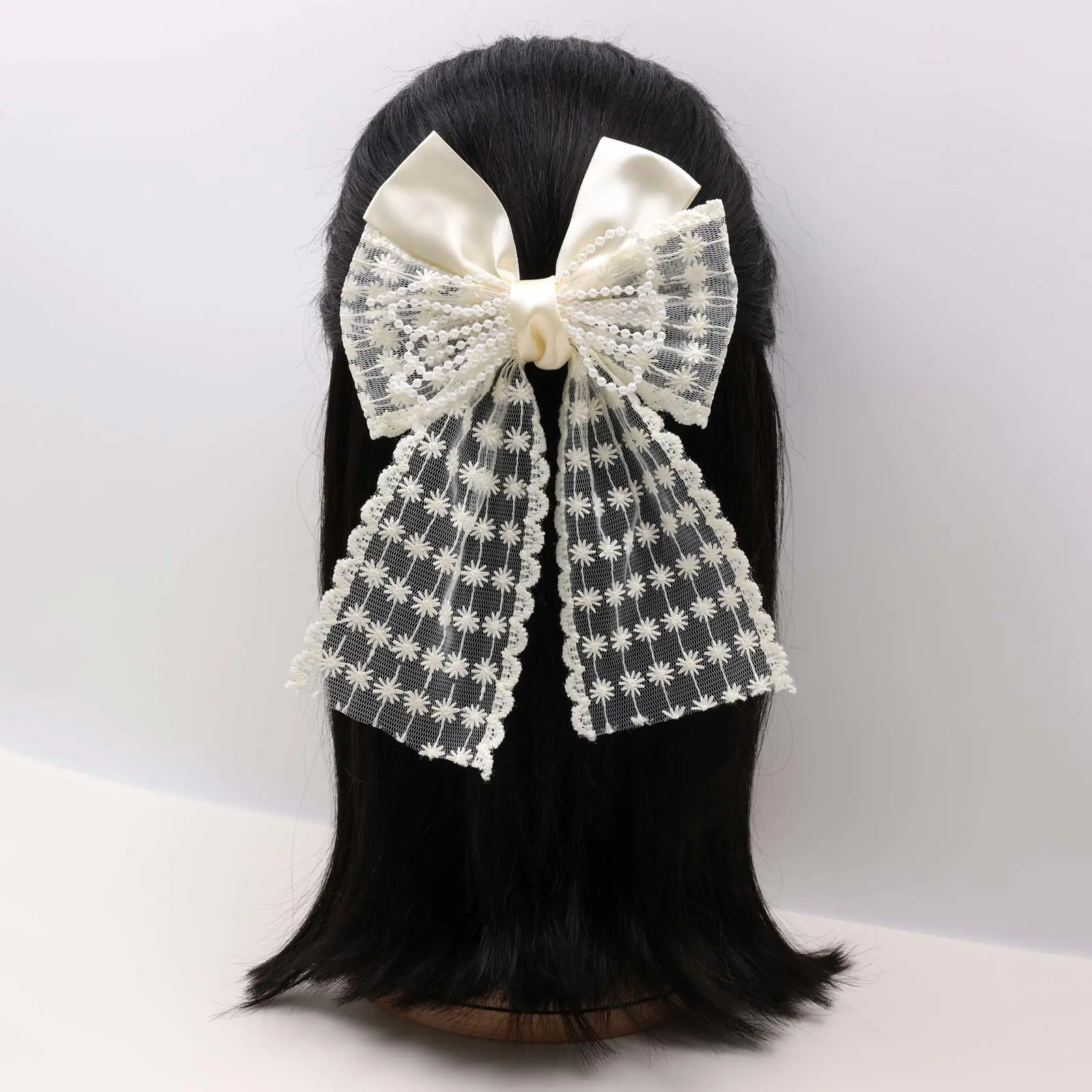 SA5.5OHC6 Ivory Satin Lace Bow Hair Clip - Image 1