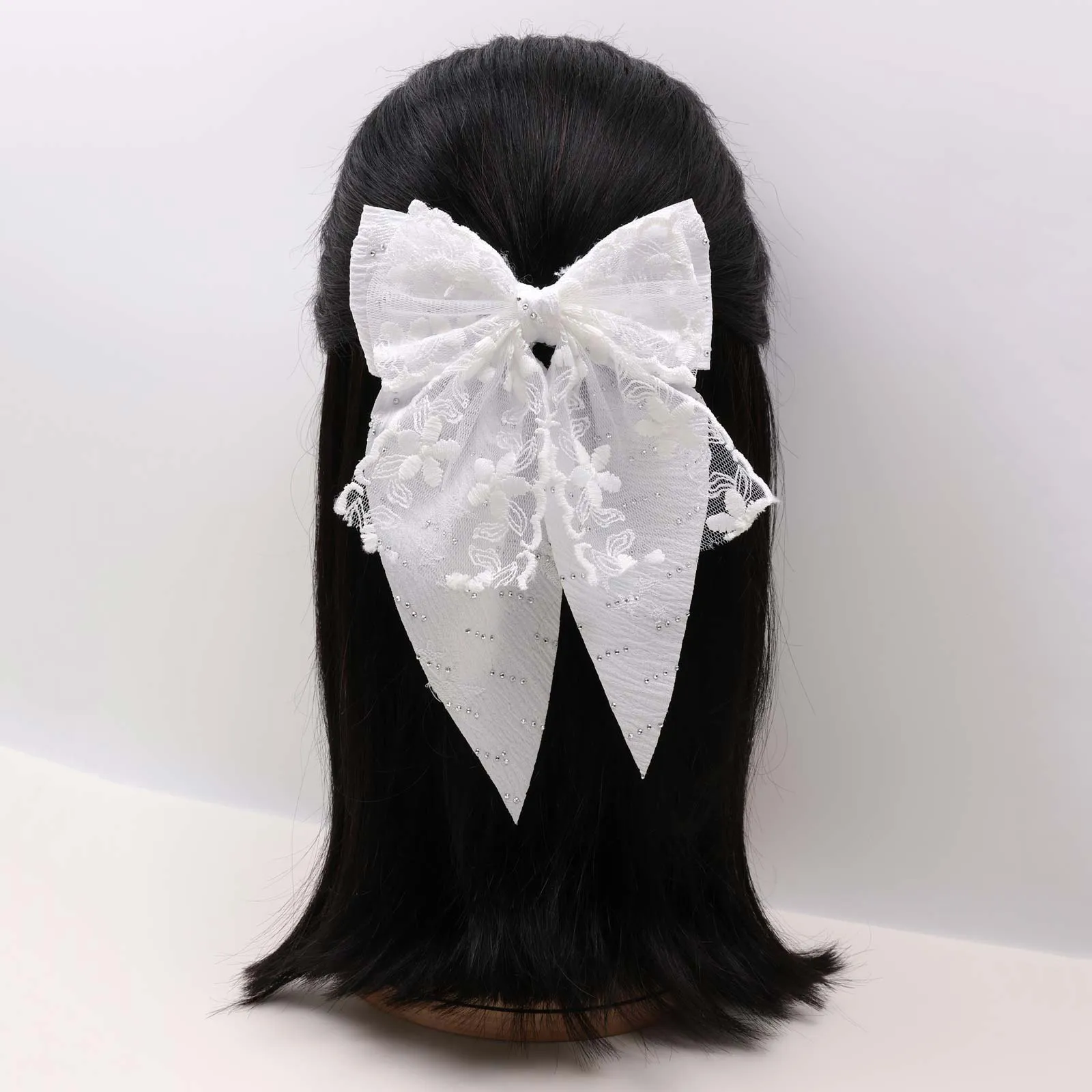 SA8OHC6 (White) Lace Bow Hair Clip with Rhinestones - Image 1